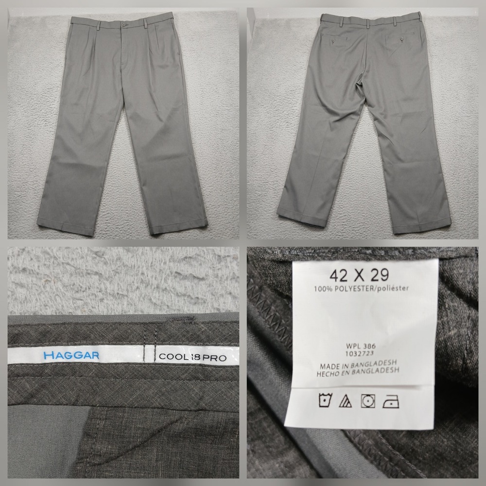 Haggar Cool 18 Pro Dress Pants Mens 42x29 Gray Flat Front Polyester